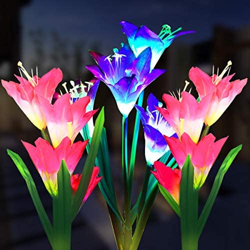 Outdoor Solar Garden Stake Lights, 3 Pack Solar Powered Flower Lights with 12 Lily Flower, Multi-Color Changing LED Solar Landscape Decorative Lights for Garden, Patio, Backyard Solar Flower Lights